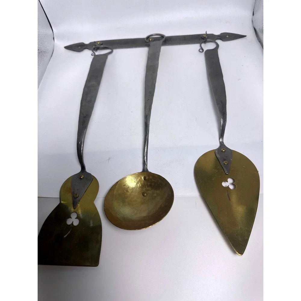 Plummer Hand Forged Iron Brass Kitchen Utensil Set 4pc Ladle Spatula Server Rack
